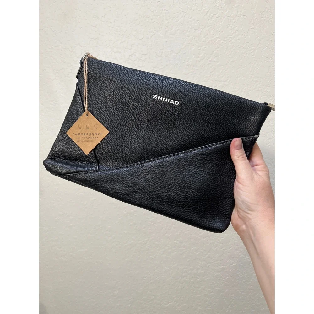SHNIAO Black Pebbled Faux Leather Zipper Clutch Bag Wristlet Minimalist SH01L